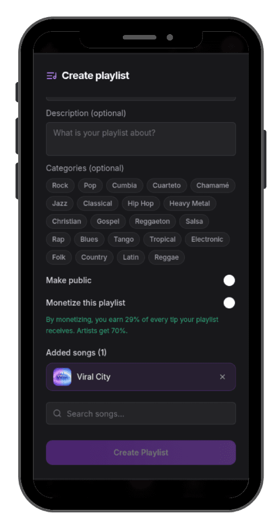 Tuneport create playlist with monetization toggle